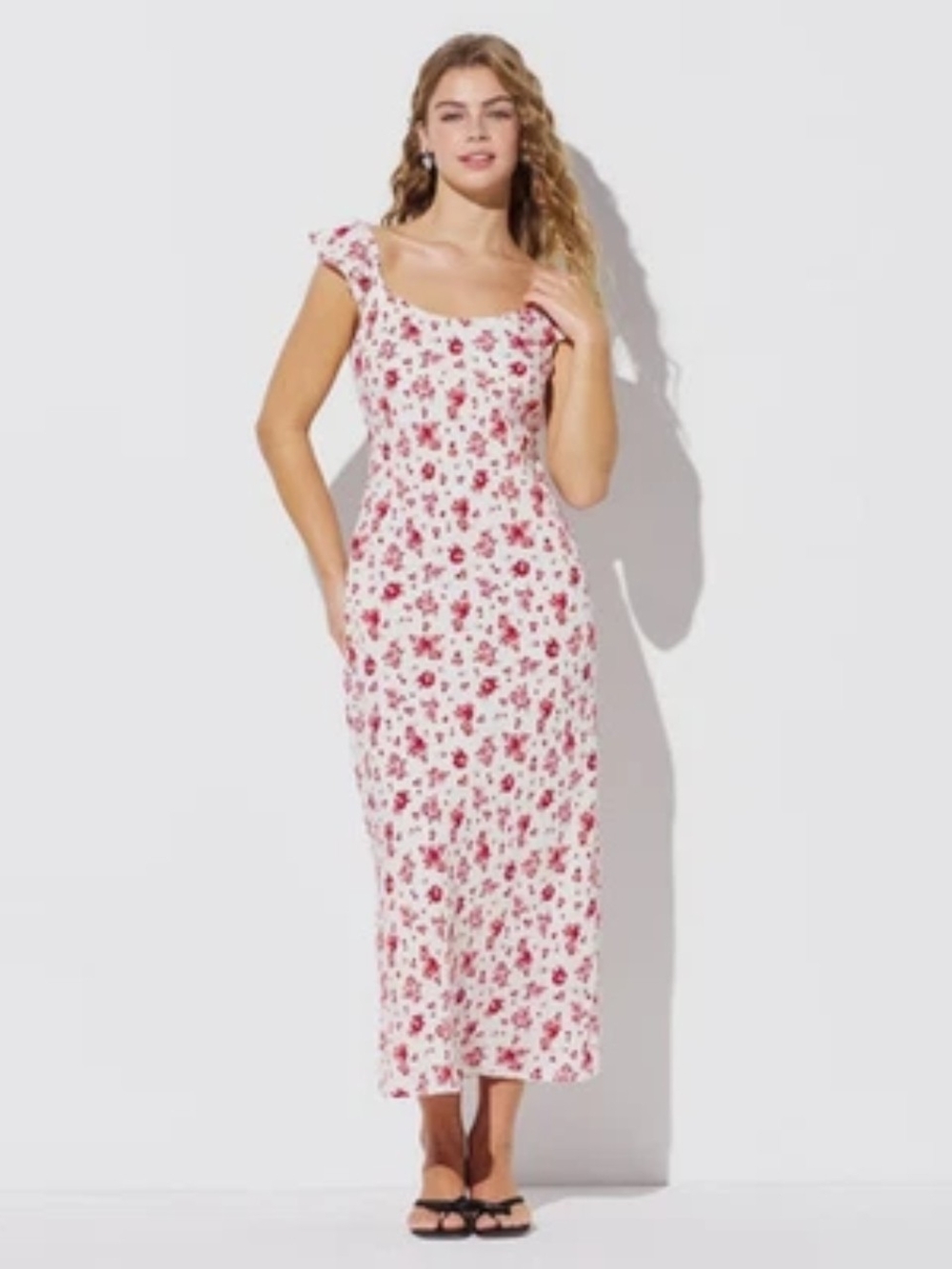 Sleeveless White Maxi Dress with Pink Floral Print